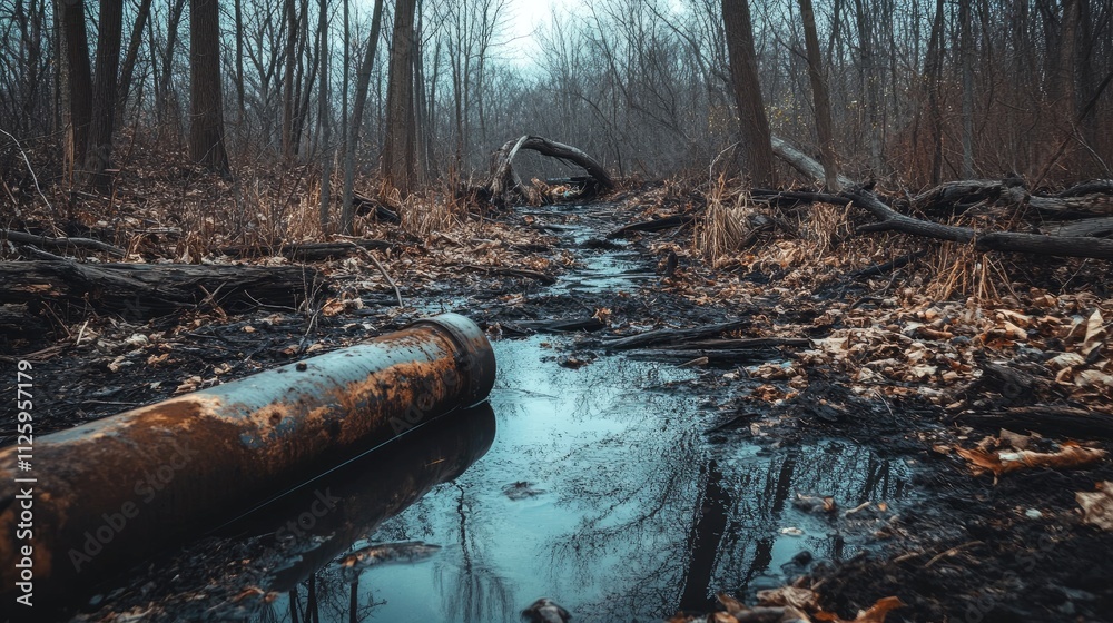 Poster a rusty pipe leaking water into a stream, surrounded by debris and barren trees, symbolizing environ