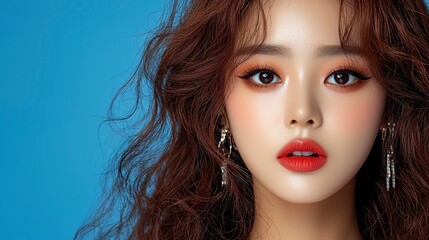 Fototapeta premium A striking portrait of a model with wavy hair, bold makeup, and vibrant lips against a bright blue background.