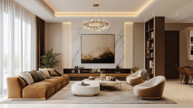 Modern Living Room Interior Design with Beige and Gold Accents