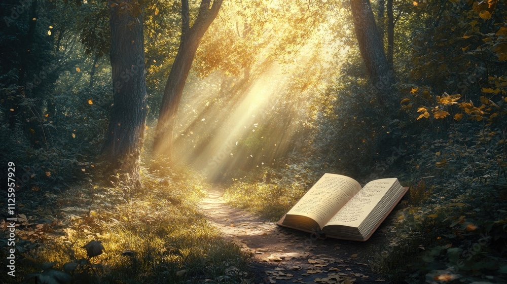 Poster A serene forest scene with an open book on the path, illuminated by golden sun rays.