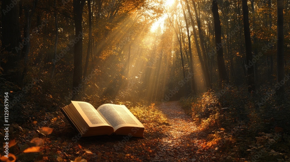 Poster A serene forest scene with an open book on the path, illuminated by golden sun rays.