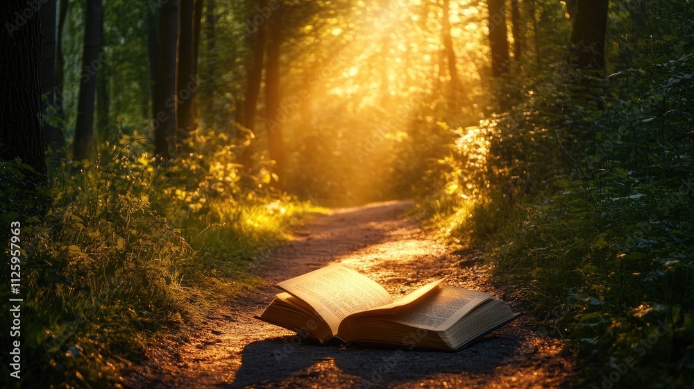 Aufkleber a serene forest scene with an open book on the path, illuminated by golden sun rays.