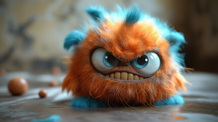 Furry orange and blue monster with big eyes in a playful setting
