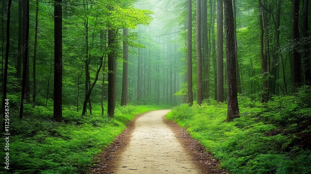 Aufkleber a tranquil pathway winds through dense woods, surrounded by vibrant greenery, inviting exploration a