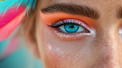 Obraz premium Vibrant carnival makeup with colorful feathers and rhinestones