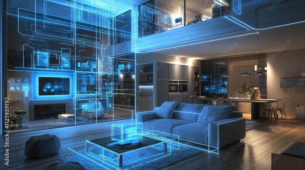 Poster a smart home with digital hologram lines, highlighting the blend of modern interior design and advan
