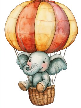 A cute elephant floating in a colorful hot air balloon, perfect for children's decor and playful themes.