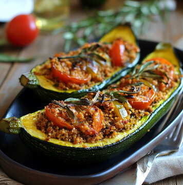stuffed Zucchini with Bulgur Filling, tomato onios, as afancy dish