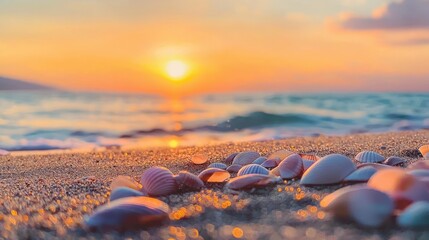 Obraz premium Scattered seashells on sandy beach ocean view closeup photography vibrant sunset coastal serenity