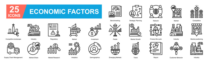 Economic Factors Icon Sheet Benchmarking, Strategic Planning, Market, Network, Competitive, Competitive landscape, Industry, Regulatory, Market, Investment, Pestle, Market Growth