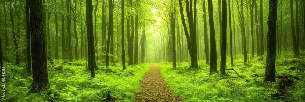 Aufkleber a tranquil forest pathway leads into vibrant, lush woods, surrounded by thriving greenery and soft l