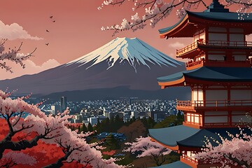 asian Japanese landscape kyoto  illustration with cherry blossoms and temple
