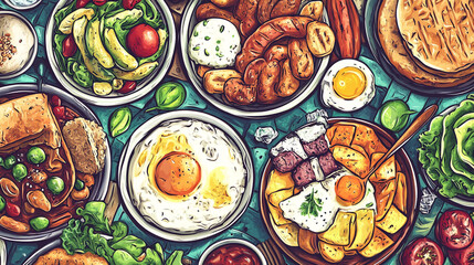 Delicious spread of various foods featuring eggs, sausages, and fresh vegetables for breakfast