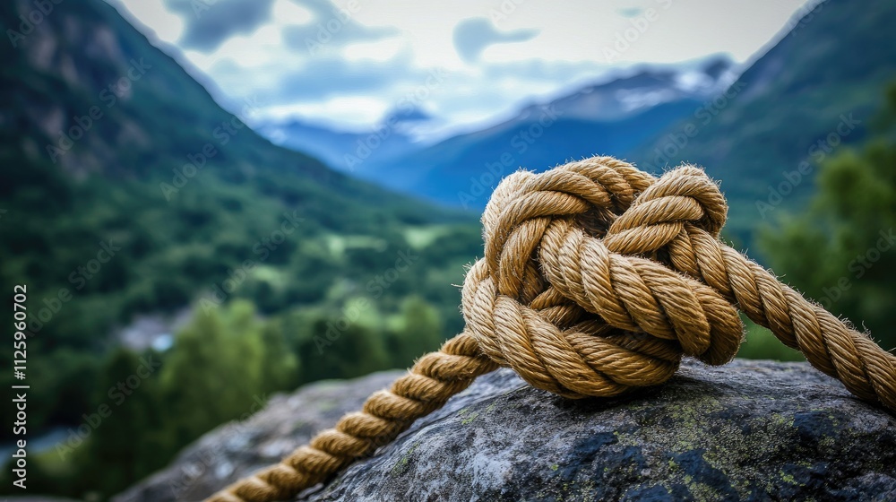 Poster a tightly tied rope knot anchored to a large rock with a dramatic mountain landscape in the backgrou