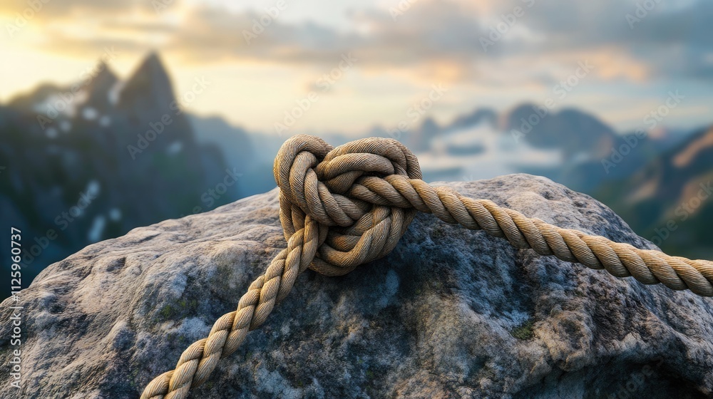 Poster a tightly tied rope knot anchored to a large rock with a dramatic mountain landscape in the backgrou