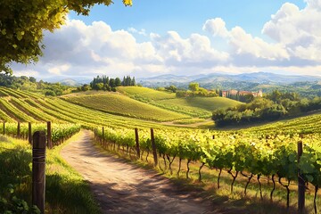 Fototapeta premium A picturesque vineyard landscape with rolling hills and a scenic pathway.