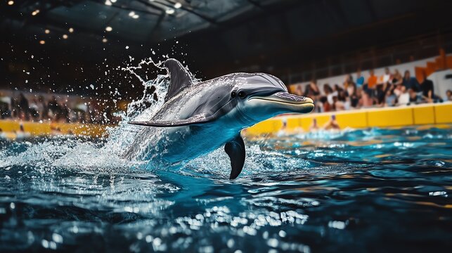 A dolphin gracefully leaps out of the water in an indoor aquatic environment, captivating the audience.