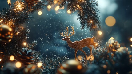 christmas banner with magical scene of a reindeer in center background concept