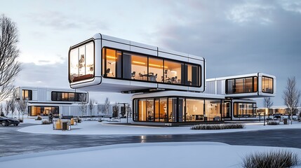 Futuristic Modular Home Design: 3D Render of a Winter Landscape AI Generated