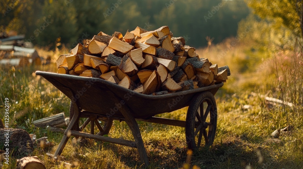 Poster a wheelbarrow full of neatly arranged firewood, surrounded by nature, ready for use in heating or a 