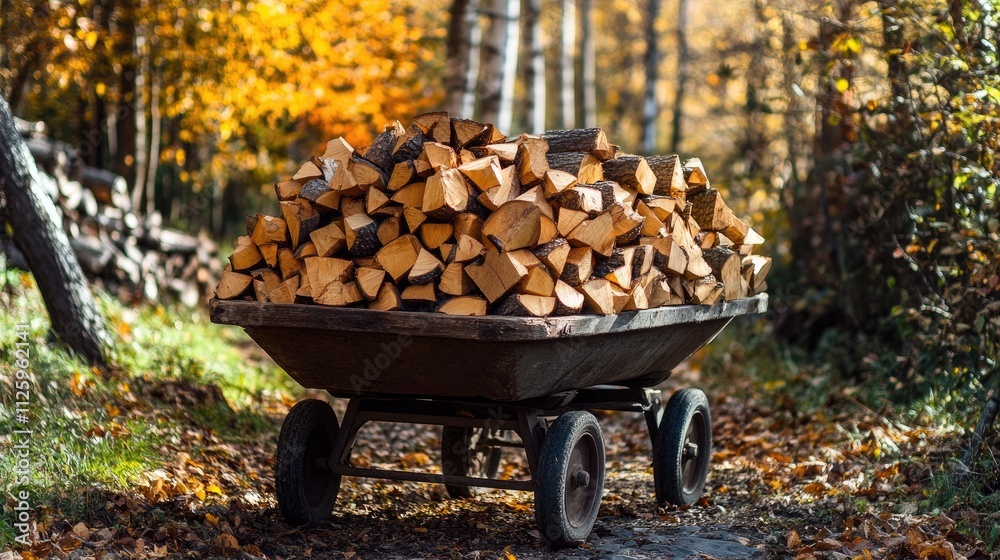 Poster a wheelbarrow full of neatly arranged firewood, surrounded by nature, ready for use in heating or a 