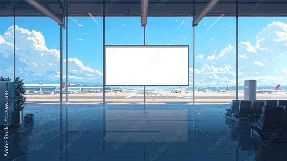 Poster A wide airport terminal with a blank screen and large windows, displaying planes on the runway against a backdrop of clear blue skies.