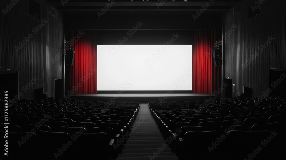 Poster A wide view of an empty auditorium with a large screen, ready for a lecture or performance.