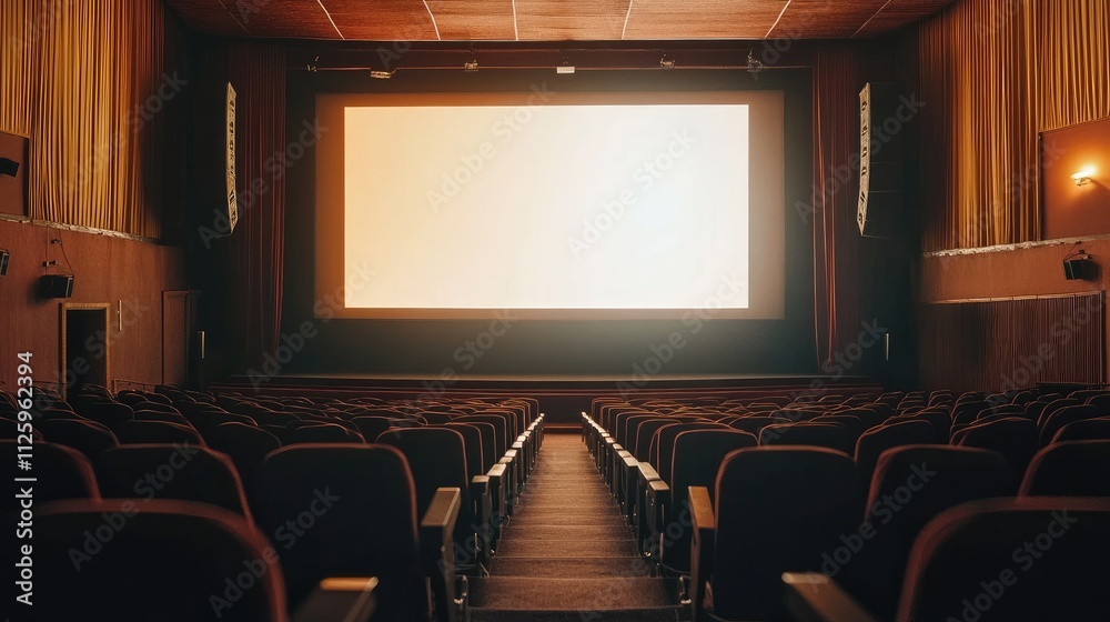Poster A wide view of an empty auditorium with a large screen, ready for a lecture or performance.