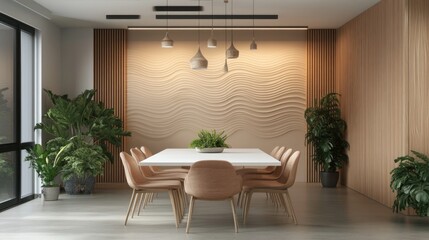 Fototapeta premium Modern Dining Room with Wavy Wall and Natural Elements