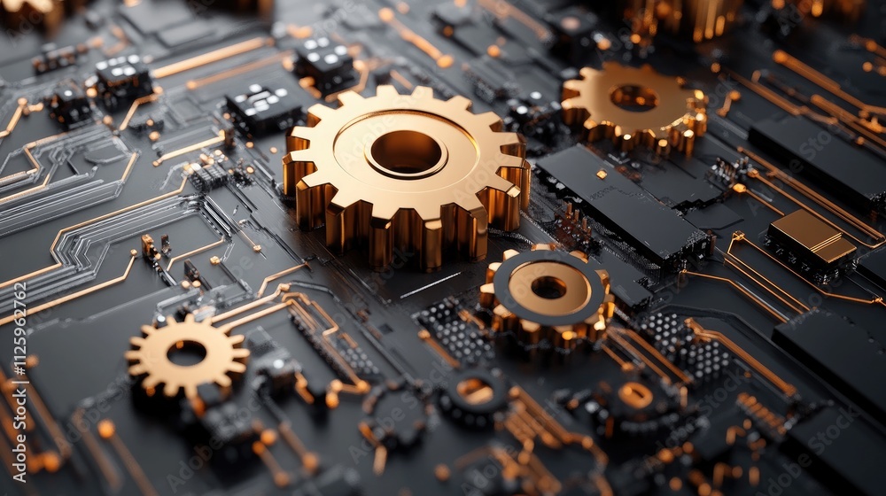 Poster abstract digital illustration of a gear wheel, hexagons, and circuits, representing the dynamic worl
