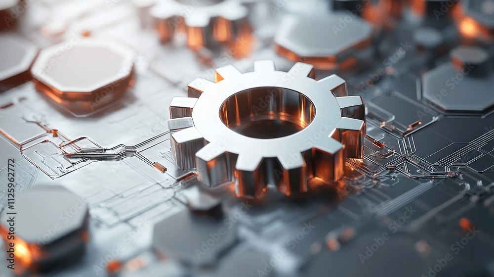 Poster abstract digital illustration of a gear wheel, hexagons, and circuits, representing the dynamic worl