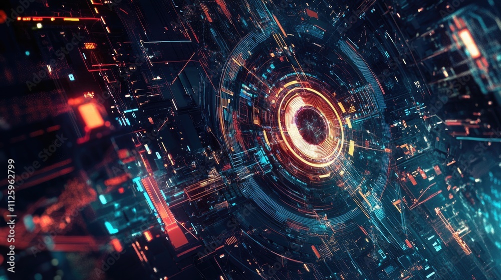 Poster Abstract tech background filled with interconnected lines, nodes, and digital patterns, highlighting technological progress and innovation.