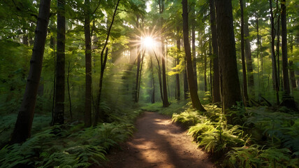 Naklejka premium Forest Path Sunbeams: A sunlit path winds through a lush, green forest, bathed in the golden rays of the morning sun. The scene evokes tranquility and the promise of adventure. 