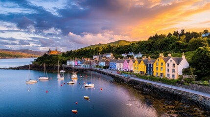 Obraz premium Captivating sunset over a charming coastal village colorful houses and bobbing boats in the harbor serene seaside view