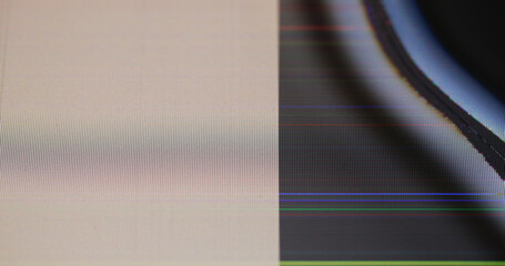 Pixel error. Overlay monitor. Illuminated black cracked glass display with broken colored glitch...