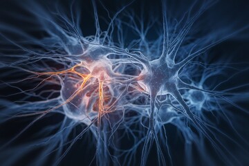 A 3D render of a detailed digital rendering of a neural network. The network is complex, with interconnected neurons