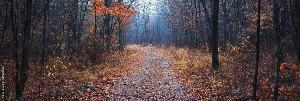Poster a winding path stretches into dense woods, surrounded by colorful autumn leaves and inviting tranqui