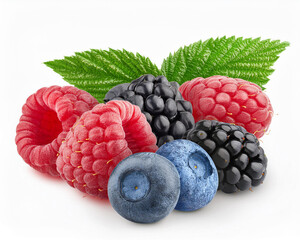A wild berries mix, raspberry, blueberries, blackberries isolated on white background, clipping path, full depth of field
