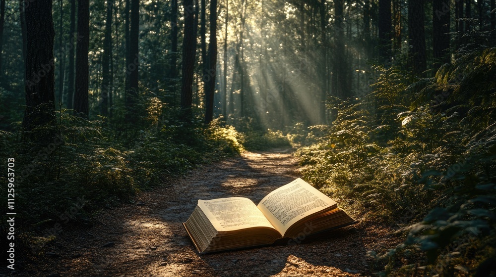 Poster An open book resting on a forest path, bathed in soft sunlight filtering through tall trees.