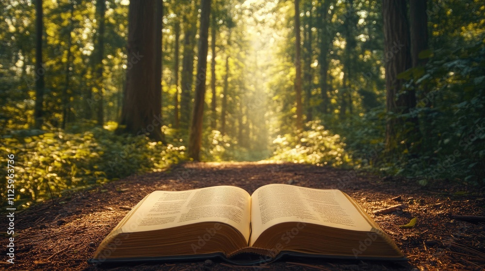Poster An open book resting on a forest path, bathed in soft sunlight filtering through tall trees.