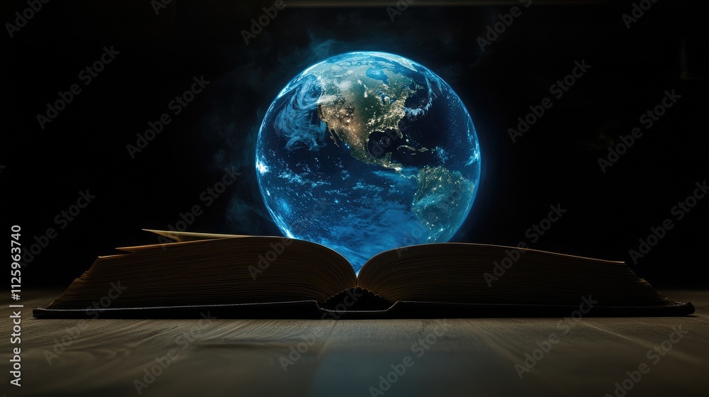 Poster an open book with a planet earth globe beside it, symbolizing the global reach of education and know