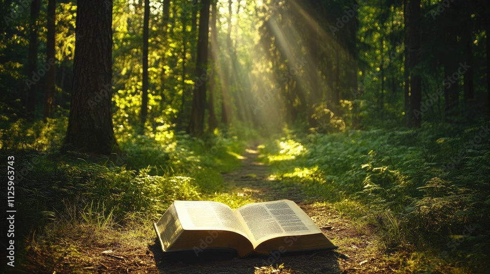 Poster An open book resting on a forest path, bathed in soft sunlight filtering through tall trees.