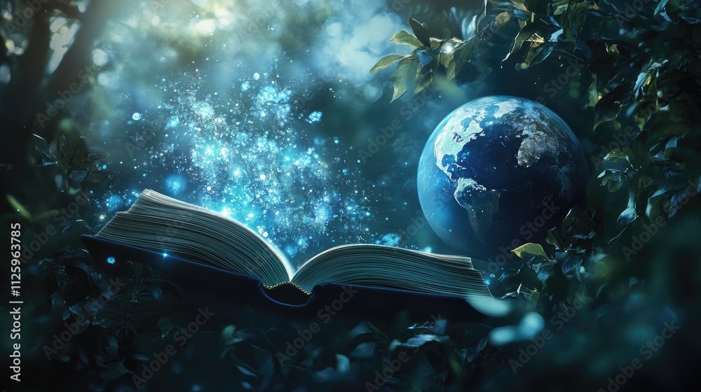 Aufkleber an open book with a planet earth globe beside it, symbolizing the global reach of education and know