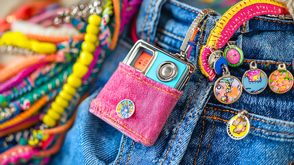 A colorful assortment of jewelry and trinkets are displayed on a denim pocket
