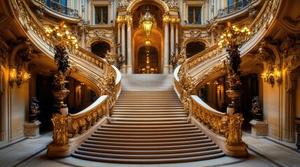 Obraz premium Beautifully designed grand staircase in a lavish palace with gold accents and luxurious decor.