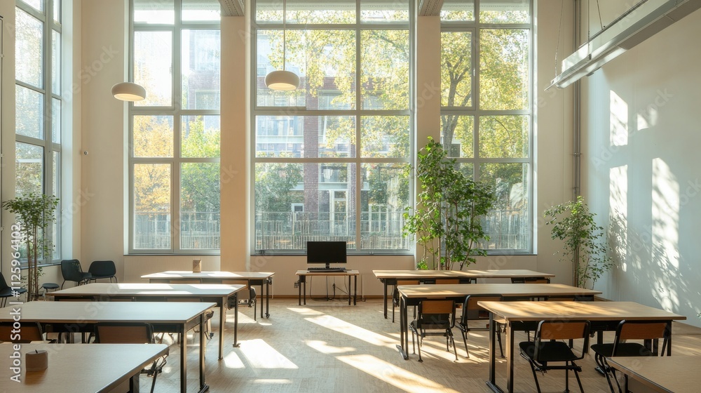 Aufkleber bright and airy classroom with desks arranged for students, large windows letting in natural light.