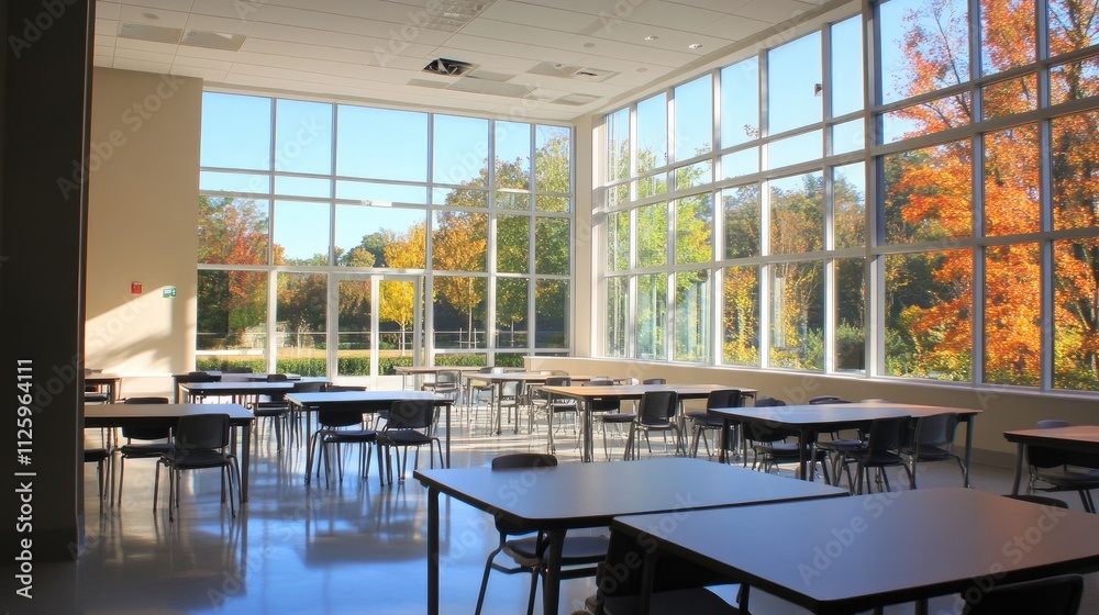 Aufkleber bright and airy classroom with desks arranged for students, large windows letting in natural light.