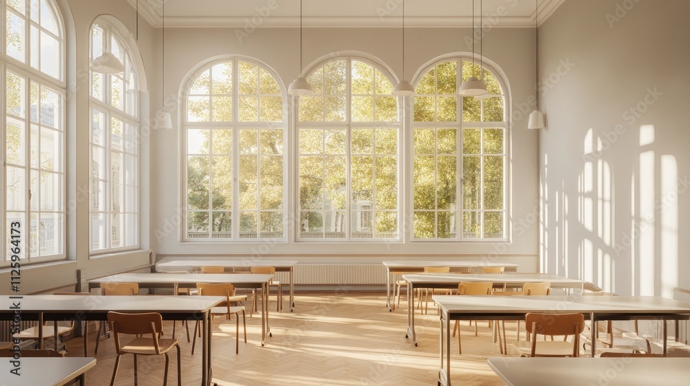 Aufkleber bright and airy classroom with desks arranged for students, large windows letting in natural light.