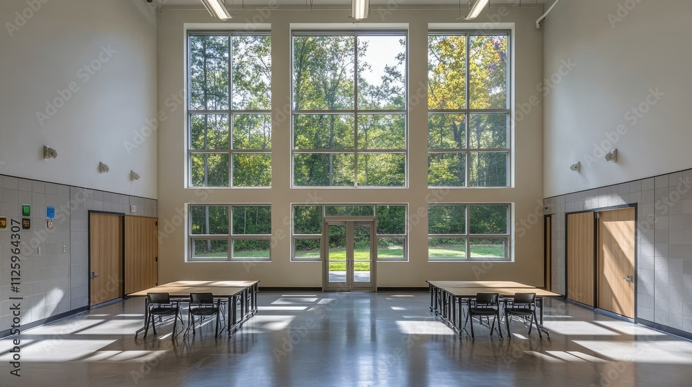 Aufkleber Classroom with a minimalist design, featuring large windows and organized desks for a productive learning environment.