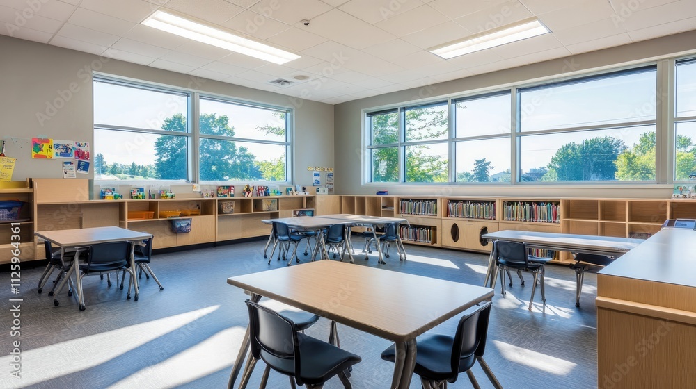 Aufkleber Classroom with a minimalist design, featuring large windows and organized desks for a productive learning environment.